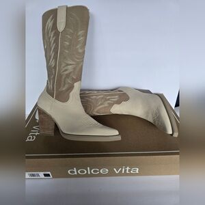 Dolce Vita Blanch Two-Tone Cream and Taupe Nubuck Knee-High Western Boots